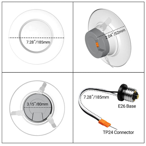 Diagram showing 6 Inch Smart Recessed Lighting Kit with 1200 Lumen 90+ CRI RGBCW Multicolor Downlights, E26 Base, TP24 Connector
