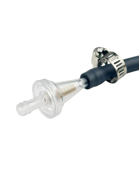 Inline Copper Fuel Filter For One Quarter Inch Fuel Line Fitment On Dirt Bikes, ATVs, Motorcycles, UTVs, Snowmobiles And Small Engines Including Go Karts, Generators, Lawn Mowers Includes Two Filters And Two Clamps shown with clear nylon housing and attached clamp