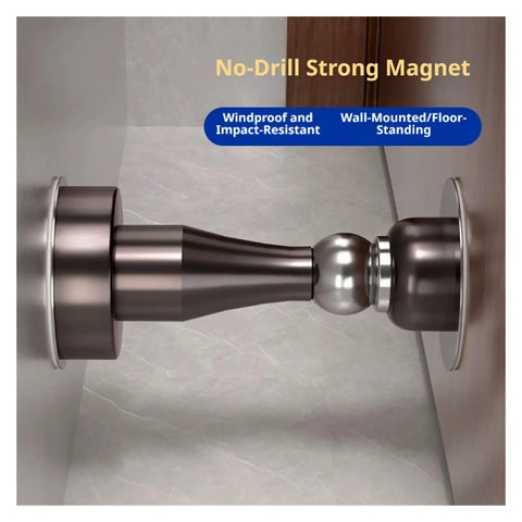 Stainless Steel Magnetic Door Stopper With Strong Hold Safety Catch For Interior Rooms And Bedrooms In Sleek Black Design To Limit Door Movement Securing Fixed Positions Smoothly, showing no-drill strong magnet.
