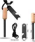 4 Pack Five Sixteenth Inch Ferro Rod Fire Starters with wood handles, attached multi-tool striker, and dimensions