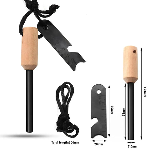 4 Pack Five Sixteenth Inch Ferro Rod Fire Starters with wood handles, attached multi-tool striker, and dimensions
