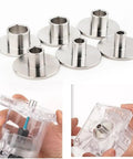 Tough As Nails Router Bit Trim Guide Sleeve With Six Interchangeable Stainless Steel Bushings displayed with clear hand-held controller.