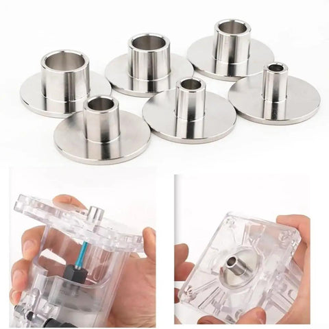 Tough As Nails Router Bit Trim Guide Sleeve With Six Interchangeable Stainless Steel Bushings displayed with clear hand-held controller.