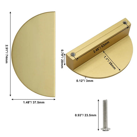 Dimensions and details of 4 Pack Half Moon Cabinet Pulls Handles 2.5 Inch Center To Center Semicircle Drawer Pulls in solid brass with screws.