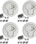 Four Piece Set Of Two Inch White Abs Plastic Flush Pull Slam Latches with installation hardware for marine use.