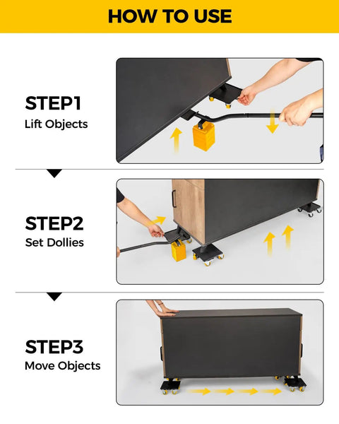 Step-by-step guide on using the Heavy Duty Furniture Dolly Featuring Silent Smooth Rollers And Slick Floor Friendly Plate.
