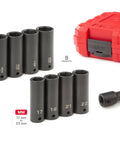 1/2 Inch Drive Deep Impact Lug Nut Socket Set With Case Beefy Nine Piece Inch And Metric Deep Sockets 3/4 To 15/16 In And 17 To 22 mm Includes 3 Inch Extension Heavy Duty Automotive Tool Kit displayed with red case