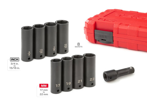 1/2 Inch Drive Deep Impact Lug Nut Socket Set With Case Beefy Nine Piece Inch And Metric Deep Sockets 3/4 To 15/16 In And 17 To 22 mm Includes 3 Inch Extension Heavy Duty Automotive Tool Kit displayed with red case