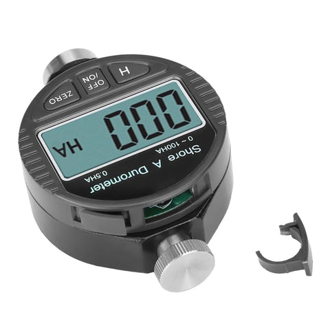 Top Shelf Digital Durometer Shore Hardness Tester With Bright LCD Screen For Spot On Results On Rubber Silicone Or Tire Plastic Portable And Built Tough For Daily Job Site Work Makes Measuring Dead Simple, showing LCD screen and measurement dial.