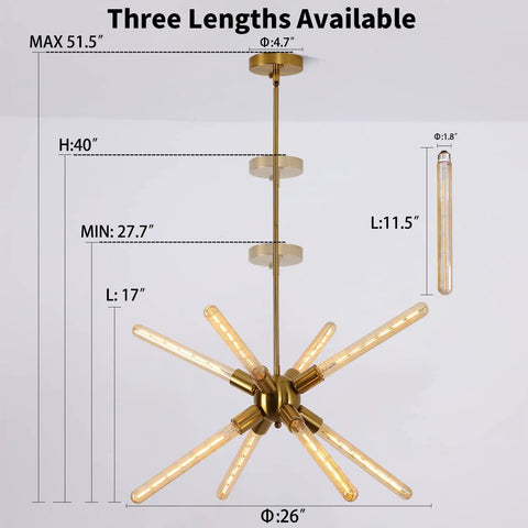 Sputnik Style Gold Flush Mount Chandelier With Eight E26 LED Tube Bulbs Includes Nine Bulbs Total Adjustable Height Diagram
