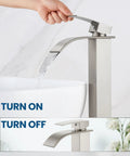 Tall Vessel Sink Faucet With Waterfall Flow, Single Hole, Single Handle Mixer Tap For Bathroom Vanity, Brushed Nickel in use