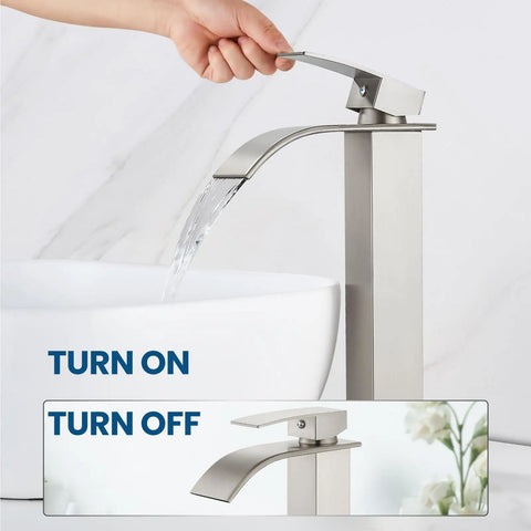 Tall Vessel Sink Faucet With Waterfall Flow, Single Hole, Single Handle Mixer Tap For Bathroom Vanity, Brushed Nickel in use