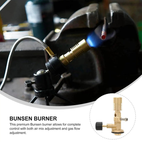 Pro Grade Brass Bunsen Burner with Tripod Stand in use for heating a metal rod, gas flame visible, Studio and Workshop tool