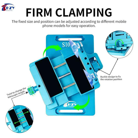 Universal Phone Screen Separator Kit With Suction Cup And Heating 360 Rotating Clamp shown with adjustable and clamping features
