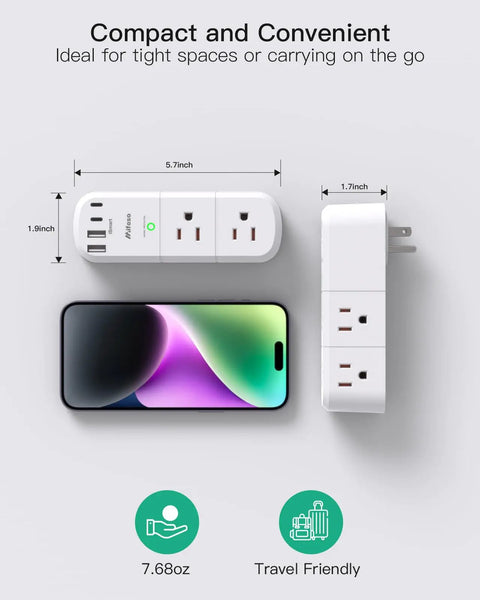 Power Strip With 6 AC Outlets And 4 USB Ports, 1800 Joules Surge Protector, 180 Degree Swivel Plug shown compact