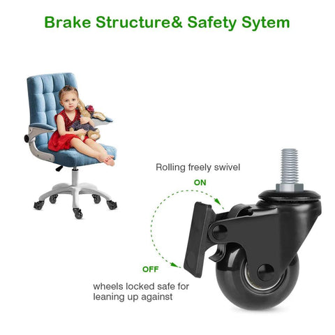 2 Inch Swivel Caster Wheels With Locking Brake showing the brake structure and safety system next to an office chair