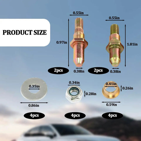 Beefed Up Car Door Hinge Roller Pin And Bushing Repair Kit dimensions displayed with pins, bushings, washers, and nuts.