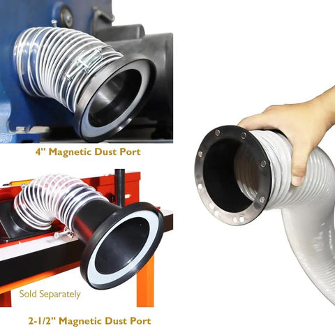 Killer Quality Two And One Half Inch Dust Collection Steel Ports Two Pack with magnetic dust ports and clamps for woodworking.