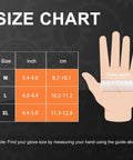 PROMEDIX P orange heavy-duty nitrile glove size chart showing M/L/XL with inch and cm measurements and palm-width ruler.