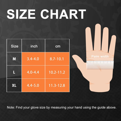 PROMEDIX P orange heavy-duty nitrile glove size chart showing M/L/XL with inch and cm measurements and palm-width ruler.