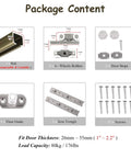 Package contents for Rock Solid Heavy Duty Barn Door Track System with stainless steel hardware and nylon rollers.