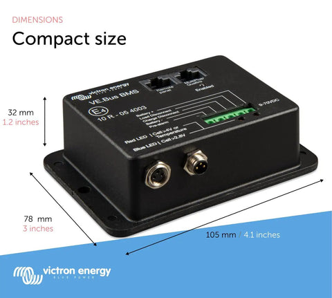 Hella Reliable Smart BMS Controller For 12 24 48 Volt Solar Systems Plug And Play Rj45 Link showing compact dimensions and ports.