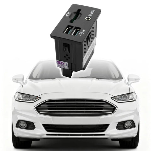 Multi Function Car Audio Interface Module With SD Card Reader for Fusion and Ford SUVs in front of white car grille