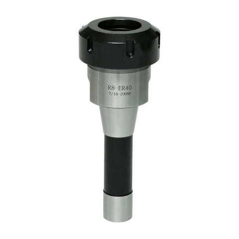Precision Ground R8 Shank ER40 Collet Chuck with 7/16-20 drawbar, featuring steel construction for stability up to 8000 RPM.