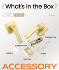 Gold brass components of 4 Pack Keyless Privacy Door Knobs For Bedrooms And Bathrooms, showing knob, strike plate, and latch.