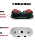 Close-up of a durable anodized aluminum cam cleat with progressive teeth for marine gear.