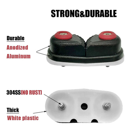 Close-up of a durable anodized aluminum cam cleat with progressive teeth for marine gear.