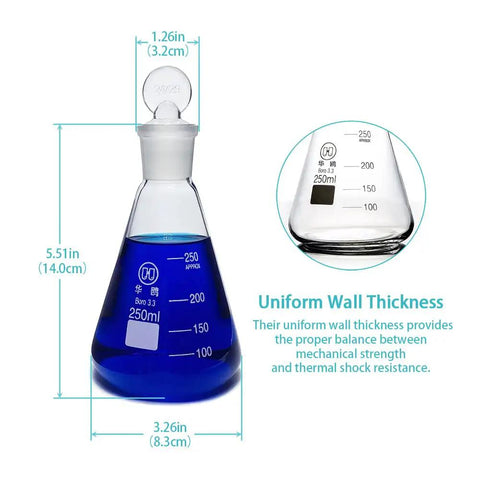3 Piece Glass Erlenmeyer Flask Set 50ml 150ml 250ml with Stoppers and Cleaning Brush Borosilicate 3.3 Narrow Mouth Lab Conical Flasks with Printed Graduation for Precise Chemistry Experiments, featuring 250ml flask with blue liquid and stopper