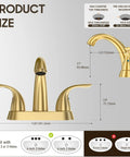 Diagram of Brushed Gold 4 Inch Centerset Bathroom Faucet With Two Handles, Fits 2 Or 3 Hole Mount, including size specifications.