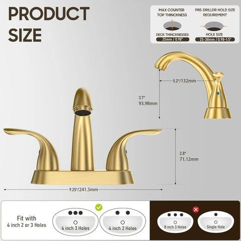 Diagram of Brushed Gold 4 Inch Centerset Bathroom Faucet With Two Handles, Fits 2 Or 3 Hole Mount, including size specifications.