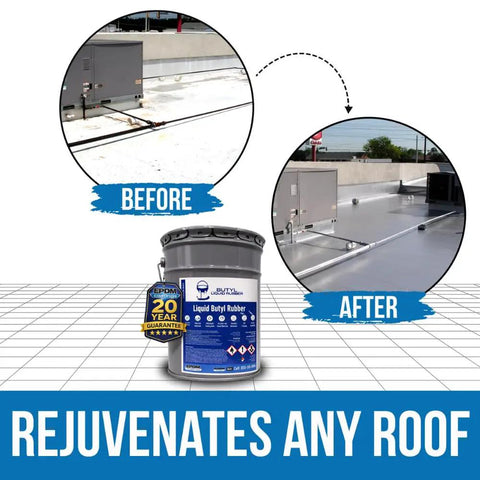 Straight Up Heavy Duty Liquid Butyl Rubber Roof Coating Featuring Zero Hassle Waterproof Sealing One Coat Application Bonding Like Crazy To Nearly Every Surface In A Top Tier Five Gallon White Bucket before and after application on a commercial roof.