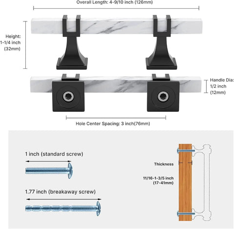 Diagram showing Three Inch Kitchen Cabinet Handles Set 30 Pack Black And White Marble Grain Two Tone Square Pulls dimensions and screws