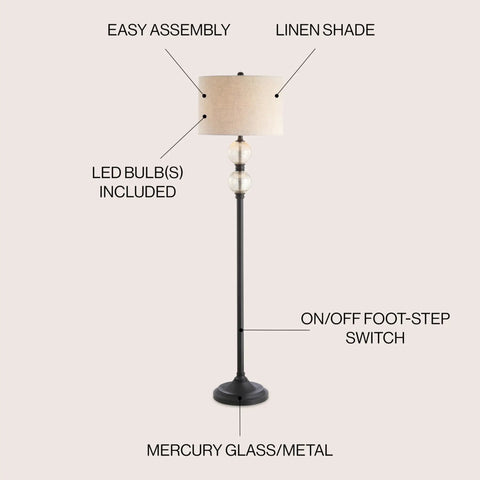 60 Inch Oil Rubbed Bronze Mercury Glass LED Floor Lamp With Grey Linen Drum Shade Classic Tall Standing Lamp For Living Room Foot Switch LED Bulb Included ETL Listed displaying assembly features, foot-step switch, included LED bulb