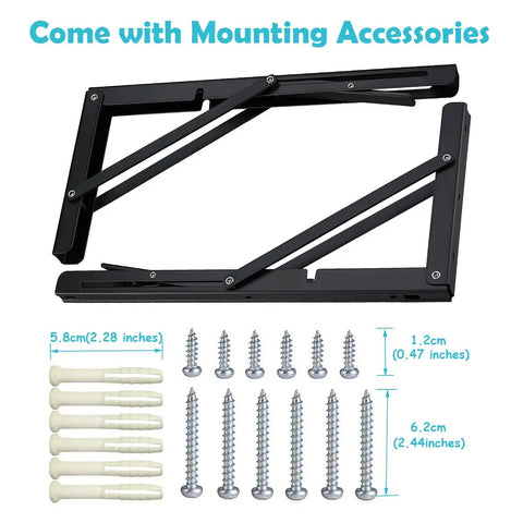 Rock Solid 24 Inch Black Folding Shelf Brackets Heavy Duty Wall Mount supports with included mounting screws and anchors.