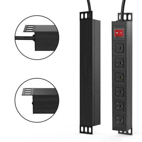 Heavy Duty 6 Outlet Power Strip With Metal Wall Mount, Surge Protector, 6 Ft Cord, shown with close-up of aluminum mount