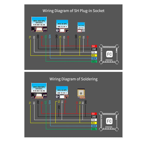Wiring diagrams for Dual Output Satellite Positioning Navigation System Controller For Drones with SH and soldering options.