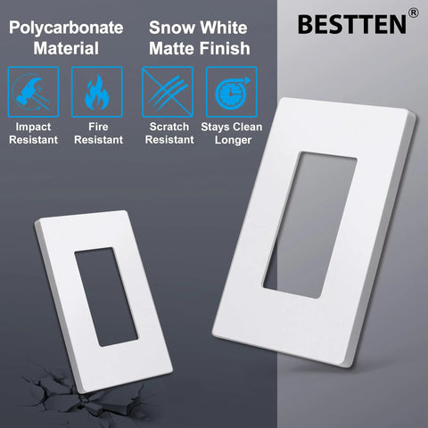 20 Pack Dope Matte Snow White USWP6 One Gang Screwless Wall Plate in durable polycarbonate shown at different angles