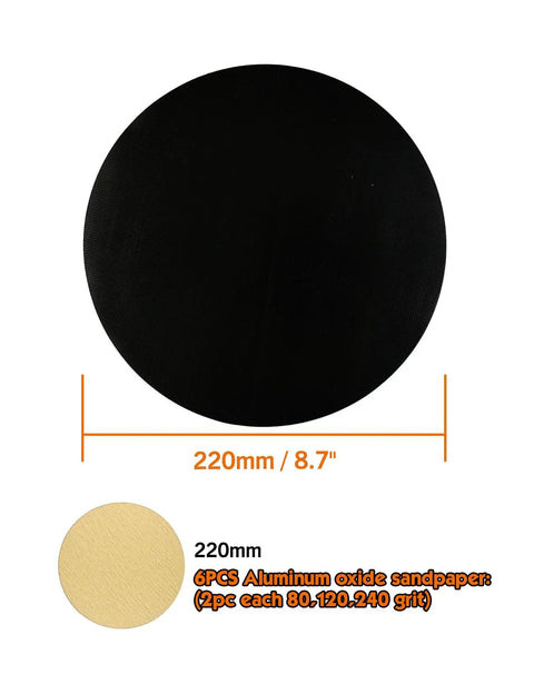 9 Inch Radial Drywall Sander Kit With Six Assorted Grit Sandpaper Discs showing black aluminum oxide disc, 220mm size.