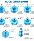 Top Notch JRready M22520 201 Series Positioner Kit Fits ST5114 tools showing various hole dimensions and sizes.