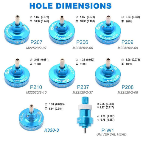 Top Notch JRready M22520 201 Series Positioner Kit Fits ST5114 tools showing various hole dimensions and sizes.