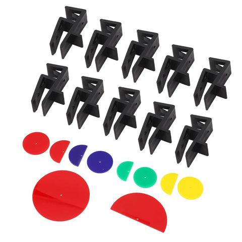 Professional Cabinet Scribing Jig Set With Tough Abs Construction For Seamless Toe Kick And Ceiling Filler Installation, includes black clamps and colored discs.