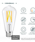 Diagram of Vintage Edison Style WiFi Bulbs 2700K To 6500K Tunable White, Dimmable 8W LED, 800 Lumens, ST19 Size with features.