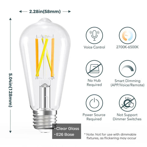 Diagram showing dimensions and features of Tunable WiFi Edison Bulbs With Remote Control, 2700K To 6500K Dimmable White Light
