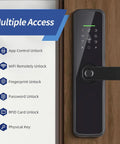 Slick Smart Fingerprint Door Lock With Built In Wifi And Tuya App Remote Control highlighting multiple unlocking options on a wooden door.