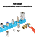 Two Way Five Port Aluminum Air Manifold For Compressors Inline Hose Block Splitter Pneumatic Distribution Block With NPT One Quarter Inch Supply And Output Ports Durable Lightweight Aluminum Body displayed with various connectors