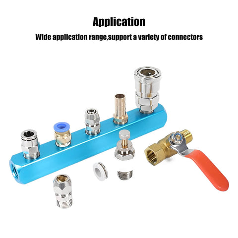 Two Way Five Port Aluminum Air Manifold For Compressors Inline Hose Block Splitter Pneumatic Distribution Block With NPT One Quarter Inch Supply And Output Ports Durable Lightweight Aluminum Body displayed with various connectors